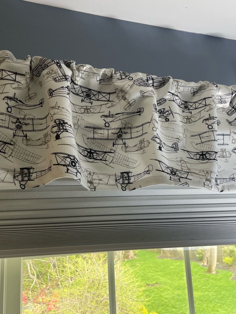 Aviation Print Window Valance in Cream and Black set of 2